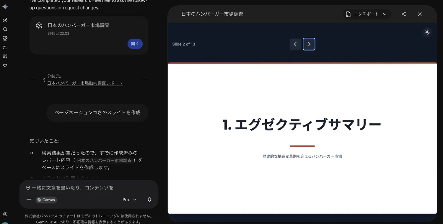 Canvas上でスライドを表示している画面。Slide 2 of 13と表示され、エグゼクティブサマリーのスライドが映っている