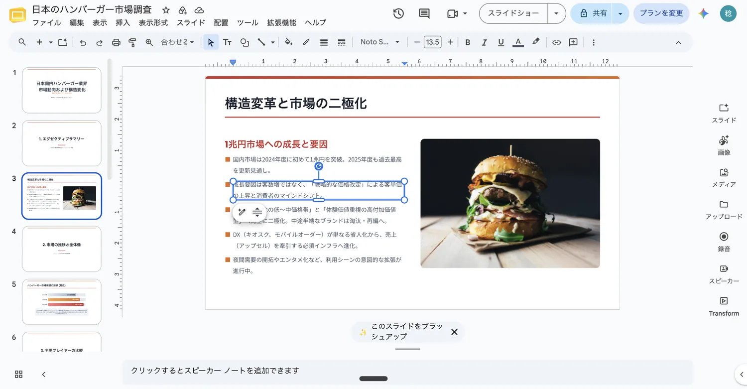 Canvasから書き出したスライドをGoogleスライドで開いた画面。左にスライド一覧、中央に箇条書きと写真が配置されたスライドが表示されている